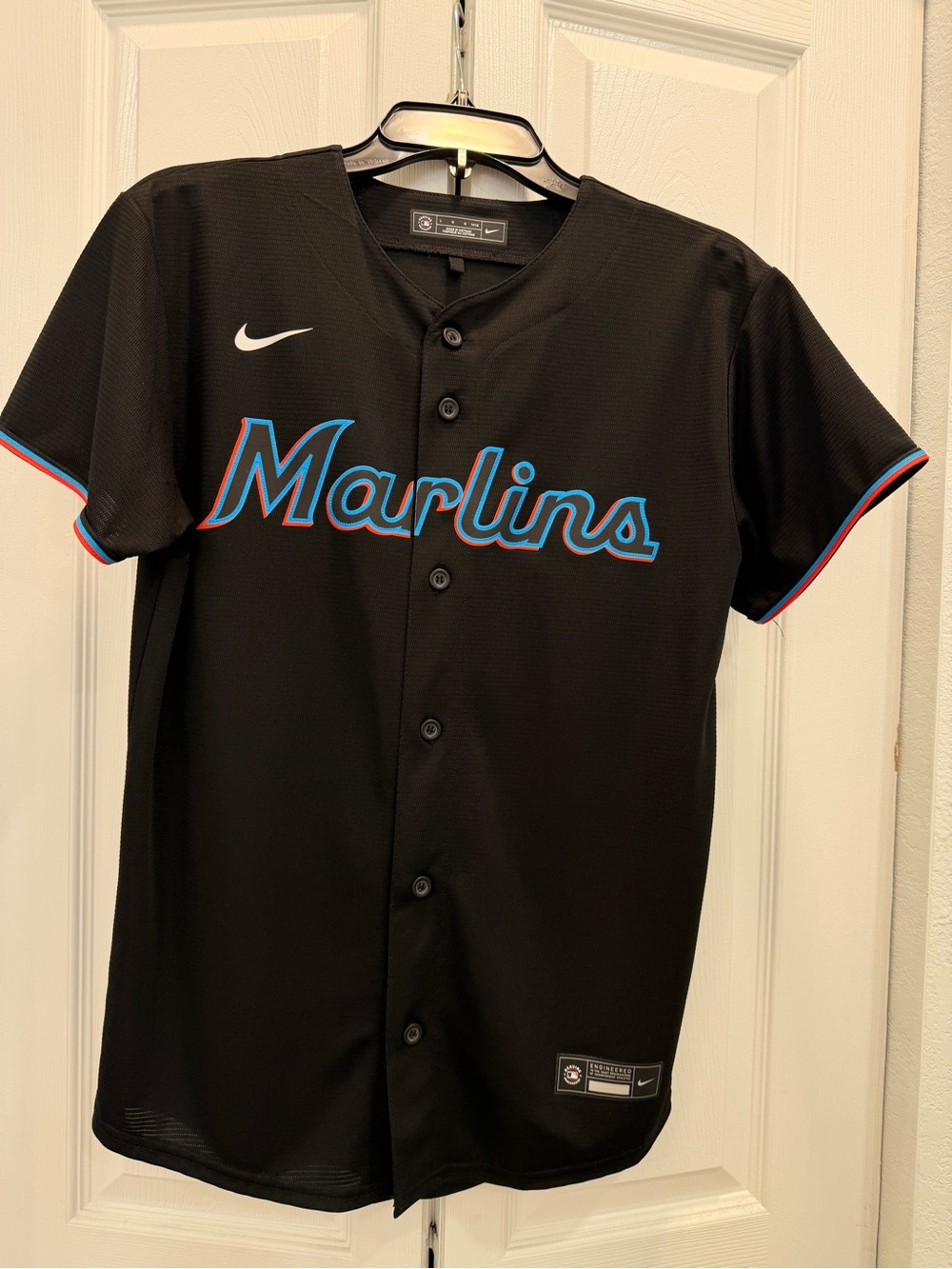 Nike Black Marlins Button-Front Jersey with Blue and Red Trim